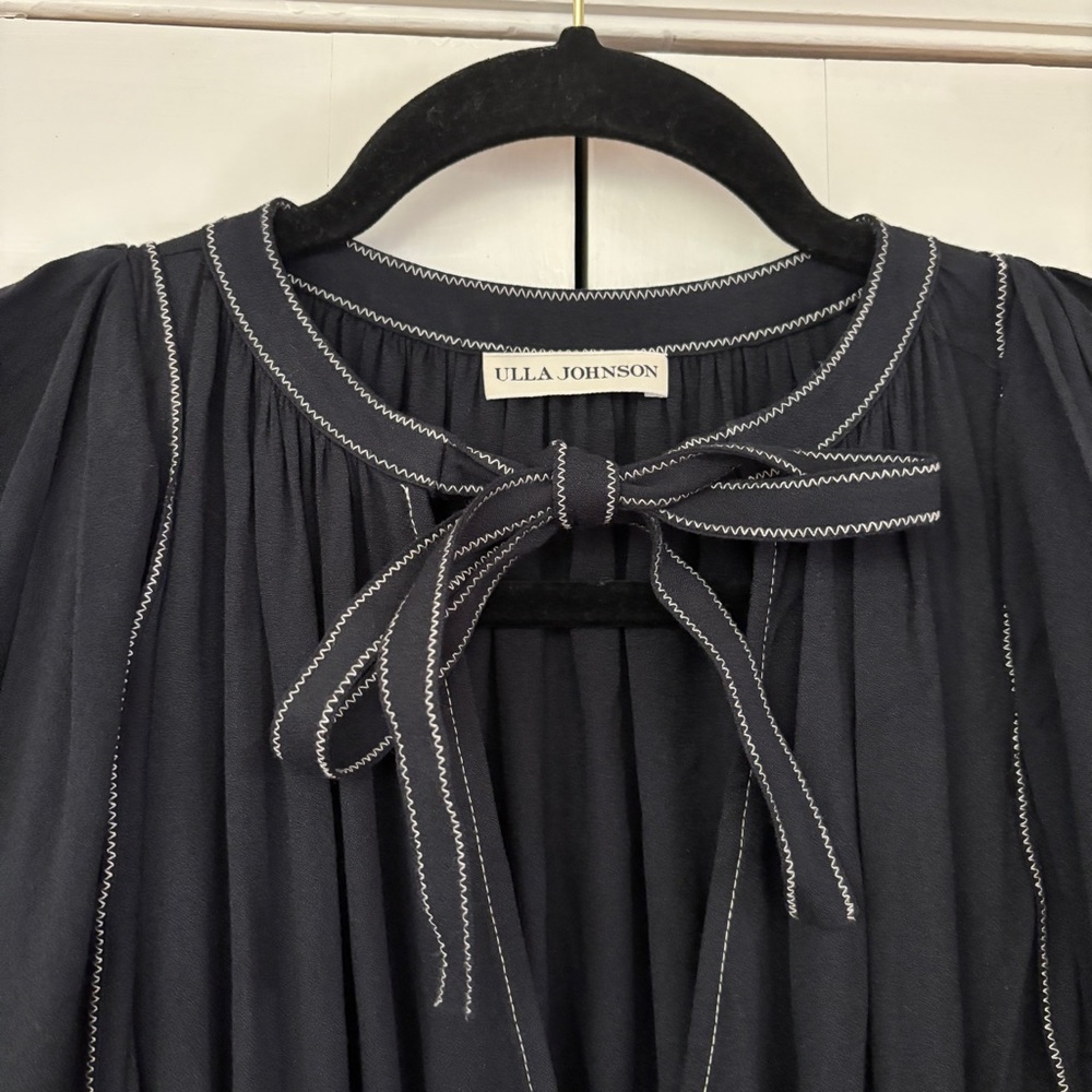 Ulla Johnson Leah Dress Noir Black Midi Puff Sleeve Contrast Trim Size 10 Tie‎ - Picture 15 of 16